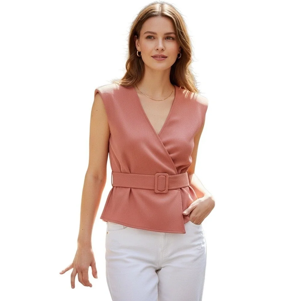 Zara Dusty Rose Pink Peplum Wrap Top‎ Belted V-Neck Sleeveless Fits S Small 2 4